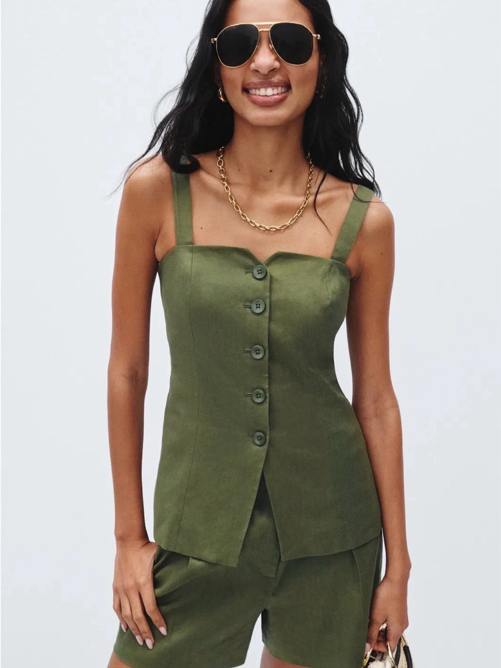 10 Crosby Derek Lam Olive Green Button-Front Tank Top